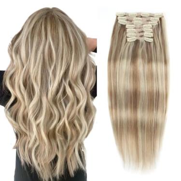 Imagem de Lovrio Prendedor de cabelo humano Remy grau 9A, cor piano, castanho acinzentado/castanho claro desbotando para loiro platinado P8/60, extensões de cabelo humano de trama dupla 55,88 cm 140 g 7 peças 18 clipes