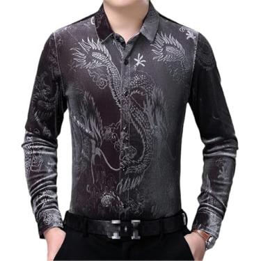 Imagem de Camisa De Veludo Jacquard De Dragão Chinês Amarelo Para Homens Slim Fit Camisas De Vestido De Veludo De Manga Comprida, Black, XL