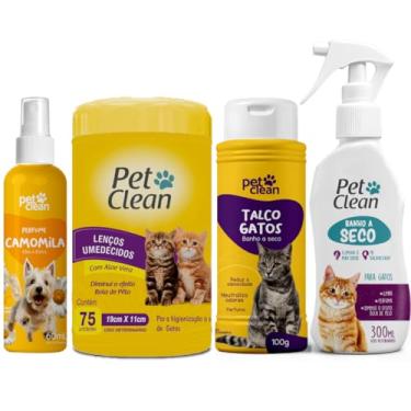 Imagem de Kit Higiene Completo para Gatos, Banho a Seco Gatos, Talco, Lenço Umedecido, Perfume Pet Clean (Camomila)