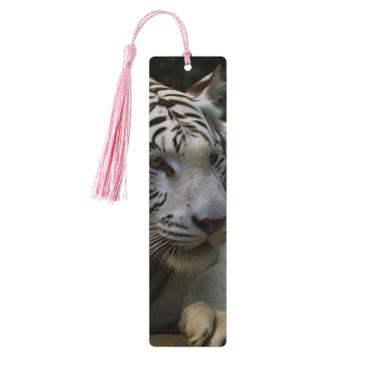 Imagem de Marcadores de livro de madeira para homens e mulheres, ornamentos feitos à mão com borlas, marcadores de livro de madeira, branco, tigre de bengala, etiquetas de pendurar de madeira, marcadores de