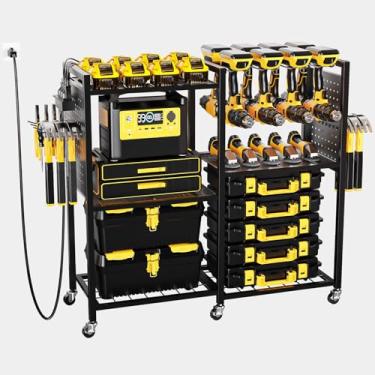 Imagem de Carrinho organizador de ferramentas elétricas com régua de carregamento, carrinho utilitário de 6 andares, caixa de armário com 8 ganchos, 6 rodas de suporte de carga para oficina, (preto)