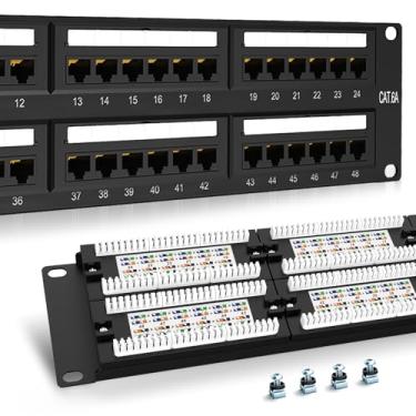 Imagem de PBAEGAV Patch Panel 48 Portas Cat6A 【Certificação CE】 Painel de Patch de Rede 2U Montagem em Rack 48.3 cm RJ45 Patch Panel para Rede 10 Gigabit, Ferramentas de Impacto 110 ou Krone Compatível Sem