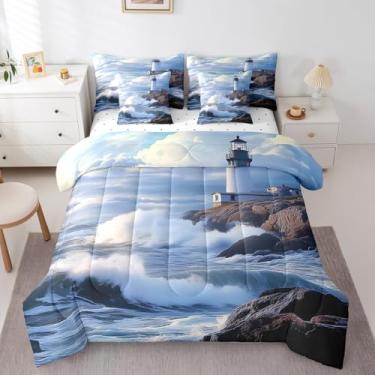 Imagem de jejeloiu Conjunto de edredom King com ondas do oceano, 7 peças, estampa de farol de verão, para meninos e meninas, praia havaiana, mar, cenário natural, decoração de quarto