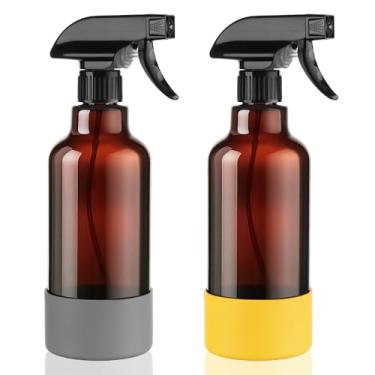 Imagem de Hethyo Frascos de spray de vidro com manga de silicone de 500 ml, pacote com 2 frascos de spray vazios para névoa de cabelo/spray para soluções de limpeza, plantas, óleos essenciais (marrom-cinza e