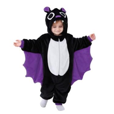 Imagem de Dcohmch Fantasia de morcego de bebê fofo macacão com capuz e asas anexadas com zíper para neve infantil menino menina roupas quentes de inverno, Roxa, 18-24 Meses