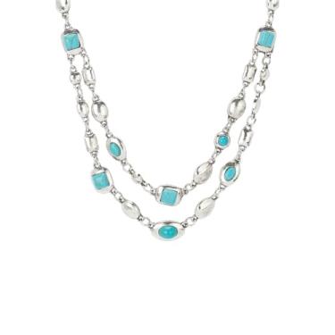 Imagem de Dtja Colar feminino com pingente turquesa de geometria em camadas, banhado a prata, boho, redondo, retangular, oval, azul, pedra do mês de nascimento ajustável, colar de corrente com berloque