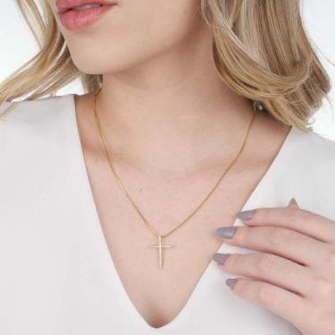 Imagem de Colar Pingente Crucifixo Cravejado de Zircônia Cristal Banhado a Ouro 