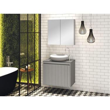 Imagem de Gabinete Ripado 60 Cuba Branca e Espelheira Cor: Cinza