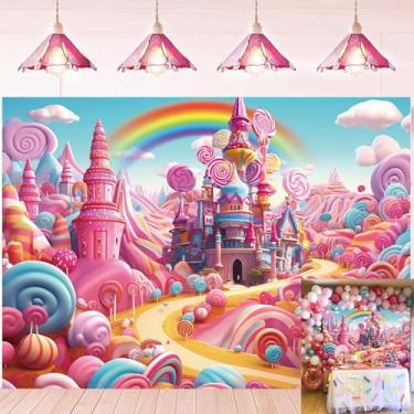 Imagem de Candyland Pano de fundo de desenho animado castelo de doces pirulito arco-íris para decoração de festa de aniversário faixa de chá de bebê com tema de doces (240 x 180 cm)