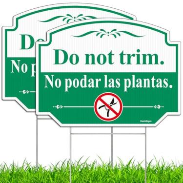 Imagem de 2 placas de não aparar em inglês e espanhol, placa sem corte, placa de plástico ondulado dupla face de 32 x 24 cm com estaca de metal, proteção UV, resistente ao desbotamento e intempéries, fácil de
