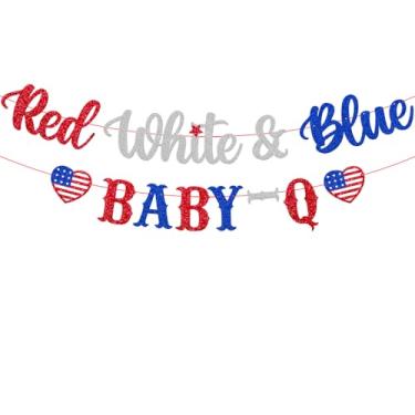 Imagem de Jiinxunn Faixa vermelha branca e azul Baby-Q, decorações de chá de bebê feliz 4 de julho, Dia da Independência, decoração de revelação de gênero, tema patriótico, crianças, meninos, meninas, artigos