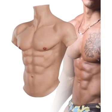 Imagem de KUMIHO Traje muscular de silicone realista, placa de peito masculina, gola alta, peito abdominal, falso, para cosplay, Halloween, transgênero, Nude., P