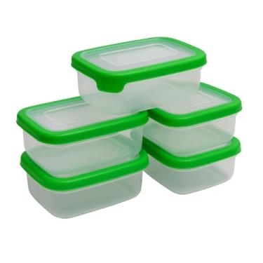 Imagem de Kit 5 Potes Plásticos Marmita 500ml Retangular com Tampa Vedação Hermética Freezer e Micro-ondas Armazenamento Fitness Lanches Frutas Alimentos Durável Original Verde