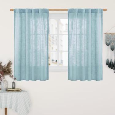 Imagem de LAMIT Cortinas de linho azul pedra 113 cm de comprimento, 2 painéis, painéis de filtragem de luz, aba traseira e bolso de varão, cortinas de decoração country para cozinha/janela/quarto de sótão, 86 x