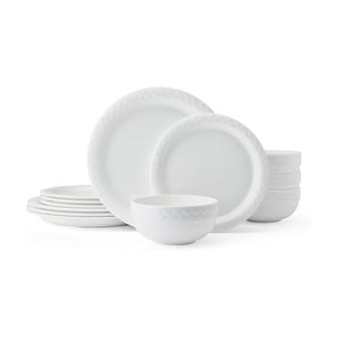 Imagem de Mikasa Shay Bone China Conjunto de louça leve resistente a lascas de 12 peças, serviço para 4, branco