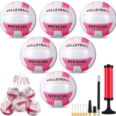 Imagem de Soulchen 6 bolas de vôlei tamanho oficial 5 bola esportiva rosa impermeável com bomba e bolsa de rede para adultos esportes internos ao ar livre academia jogo de volta às aulas