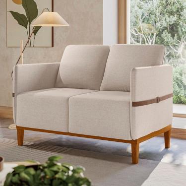 Imagem de Sofá Living 2 Lugares com Pés em Madeira Maciça 129cm Estelí Espresso Móveis Linho Bege Claro/Sintético Caramelo