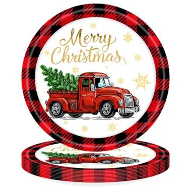 Imagem de AUOCATTAIL Pratos de papel Merry Christmas 23 cm impressos em caminhão rústico pratos descartáveis redondos vermelhos pretos com borda xadrez decorativa para Natal, férias, jantar, festa de