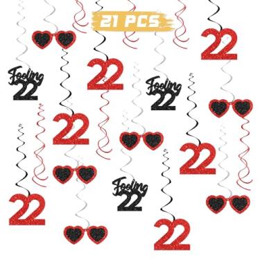 Imagem de Redemoinhos de pendurar para aniversário de 22 anos, tema musical, 22 espirais de festa de aniversário, artigos engraçados para decoração de teto de festa de vinte e dois anos, 18 peças de glitter
