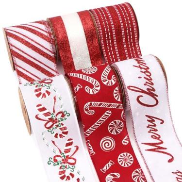 Imagem de Fita de Natal Ribbli com fio, vermelha, branca, fita de árvore de Nata
