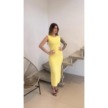Imagem de Vestido Midi Feminino Canelado com Fenda - Cacharrel Store, Amarelo, P