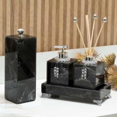 Imagem de KIT LAVABO COMPLETO EFEITO MÁRMORE COM PORTA ESCOVA DE DENTE BANDEJA 20X10 (PRETO COM PRATA)
