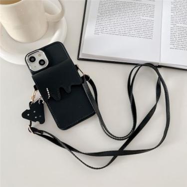 Imagem de Carteira Crossbody Lanyard Phone Case para IPhone 14 Pro Max 13 12 11 X XR XS 7 8 Plus Capa traseira protetora de couro, preta, para iPhone 7Plus (8Plus