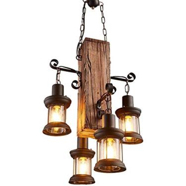 Imagem de Luminária pendente vintage de 4 lâmpadas em design industrial, luminária suspensa retrô em aço e madeira, cor preto-marrom soquete: cabeças E27.4