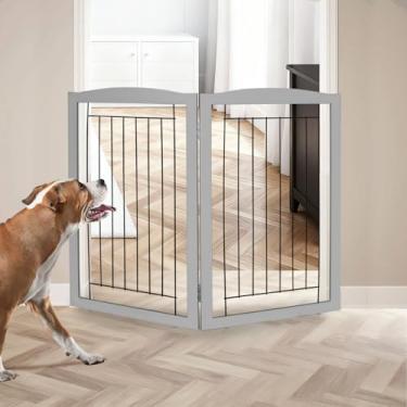 Imagem de ZJSF Portão de cachorro dobrável independente para casa, extralargo, de madeira, para filhotes, portão, portão para animais de estimação, cerca alta para cães, 2 painéis, cerca cinza