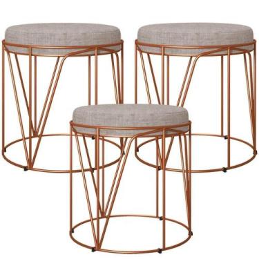 Imagem de Kit 03 Puffs Decorativo Aramado Bronze Zaya L02 Linho Bege - LYAM DECO