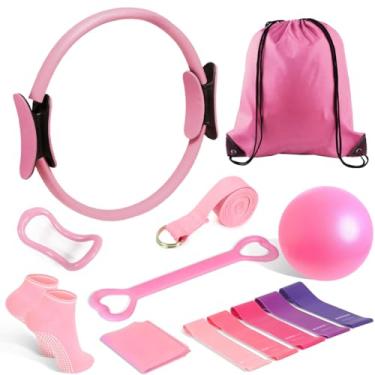 Imagem de Kit de 13 pilates para casa, equipamento feminino, conjunto de anel e bola círculo mágico, argola com faixas de resistência, tonificação compacta, acessórios para iniciantes para mini quadril cinto de