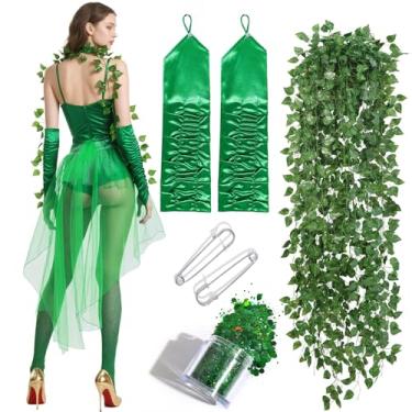 Imagem de HTPARY Conjunto de fantasia de hera para mulheres incluído tule e verde veneno com vinhas falsas luvas longas com lantejoulas para o dia das bruxas