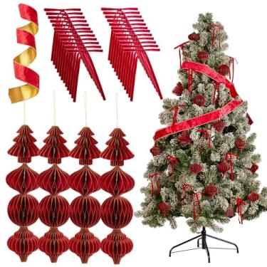 Imagem de O conjunto de 49 peças de enfeites de colmeia de papel de Natal inclui 24 lanternas de favos de mel com borda de glitter 3D, 24 laços de veludo, fita vintage de 2,5 m, decoração neutra para pendurar