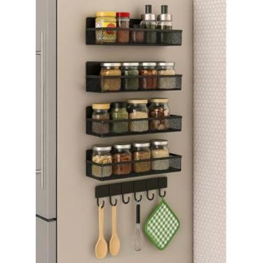 Imagem de Suporte magnético de 5 peças para geladeira, prateleiras magnéticas fortes para geladeira ou lavadora, prateleiras de armazenamento de metal sem perfuração com ganchos, design moderno e elegante para