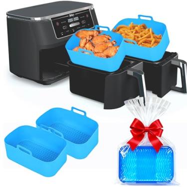 Imagem de Forros de silicone para fritadeira Ninja – Tigela reutilizável de 8 litros para Foodi DZ201 Airfryer de cesta dupla – Pacote com 2 bandejas retangulares de silicone 2025 atualizadas, seguras para