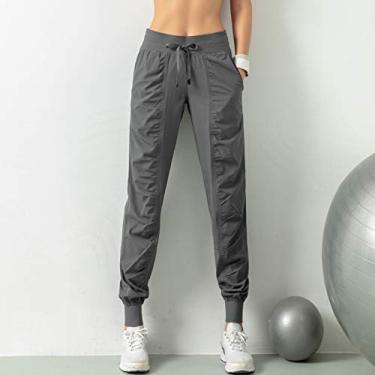 Imagem de Kiboule Calças esportivas femininas com cordão bolsos laterais calças joggers treino de ioga fitness casual