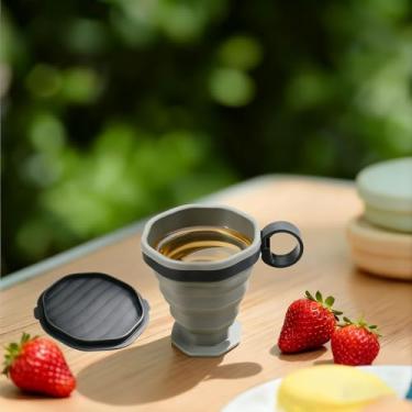 Imagem de Copo dobrável cinza, copo de silicone dobrável com tampa de plástico, copos de água portáteis adequados para acampamento e viagens