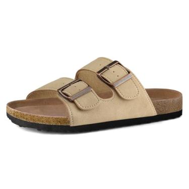 Imagem de mysoft Sandália rasteira feminina de cortiça com 2 tiras com fivela ajustável para o verão com sapatos confortáveis, Caqui, 41