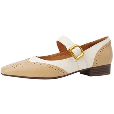 Imagem de U-lite Sapato feminino Mary Jane de couro, sapatilhas, sapatilhas, bico quadrado, estilo casual vintage, Bege, 36