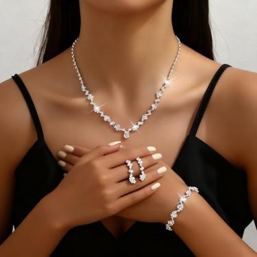 Imagem de Conjunto de joias para noivas de 3 peças - Colar gargantilha e brincos para noiva de casamento, Medium, Liga de aço, Sem Pedra Preciosa