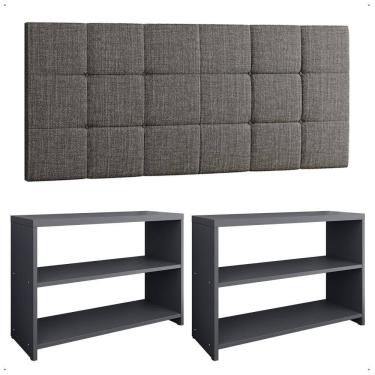 Imagem de Kit Sapateira Compacta Assento Banquinho Quarto Cinza Cabeceira Cama Box King Size 1,95 Linho - Lojas RPM