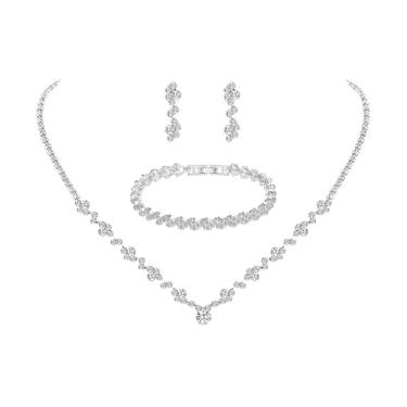 Imagem de RIJXU Conjuntos de joias de casamento de prata para noivas dama de honra delicados conjuntos de colar e brincos de strass para mulheres conjunto de joias de fantasia de noiva, Large, Cobre Strass