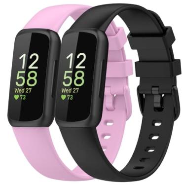 Imagem de Pacote com 2 pulseiras esportivas compatíveis com Fitbit Inspire 3, 15,4 mm de largura de silicone macio ajustável para mulheres e homens (preto/lilás, grande)
