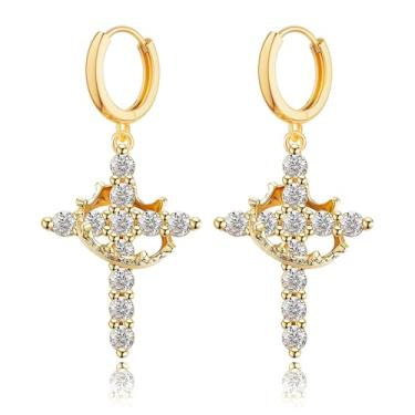 Imagem de Brincos de cruz de coroa de ouro para mulheres modernos banhados a ouro 14 k brincos pendentes de cruz de coroa única argola de strass, anéis de orelha religiosos cristãos, presentes para ela, Resina