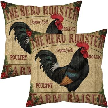 Imagem de Conjunto de 2 capas de almofada de Natal Farmhouse Rooster 45,7 x 45,7 cm, capas de almofada decorativas de aves de capoeira, rústicas de férias para sofá e sofá