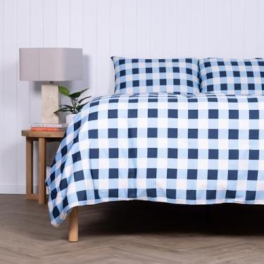 Imagem de THE LAD COLLECTIVE Capa de edredom - Capa de edredom King magnética com 2 fronhas 2 fronhas padrão - algodão bambu - guingão atlântico [branco, azul, creme]