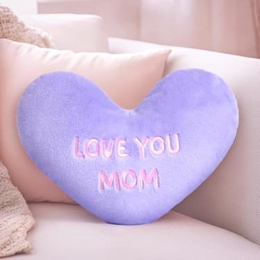 Imagem de WoollyPearl Almofada de coração Love Mom – Almofadas fofas com design bordado, presentes para aniversário da mãe, dia das mães, almofada decorativa para sofá e quarto (roxo, 36,8 x 29 cm)