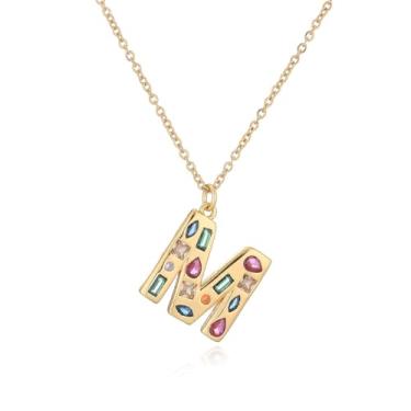 Imagem de LuvQaze Colar de zircônia colorida com inicial para mulheres, banhado a ouro 18 quilates, colar com pingente de letra e presente de aniversário para namorada, esposa, mãe, filha, Small, Cobre, Sem