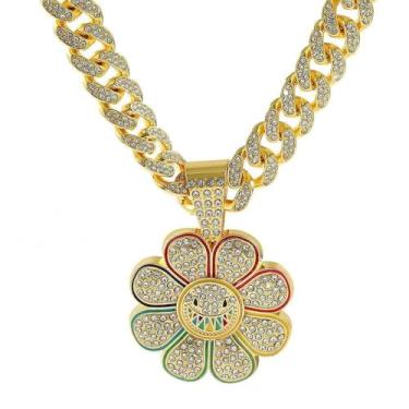 Imagem de Colar Com Pingente De Girassol Com Carinha Sorridente,Estilo Hip Hop Com Pétalas Coloridas Colar Taksi Murakm,Cor Dourada