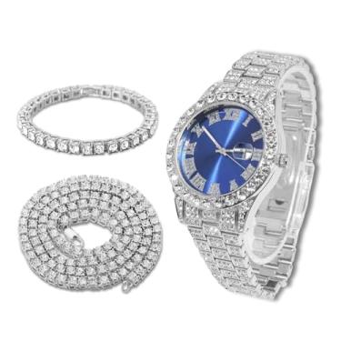 Imagem de richhut Relógio de diamante masculino masculino - mostrador azul - pulseira de 18 mm de largura banhado a ouro real 18 k ouro branco banhado a platina, com conjunto de corrente de tênis opcional